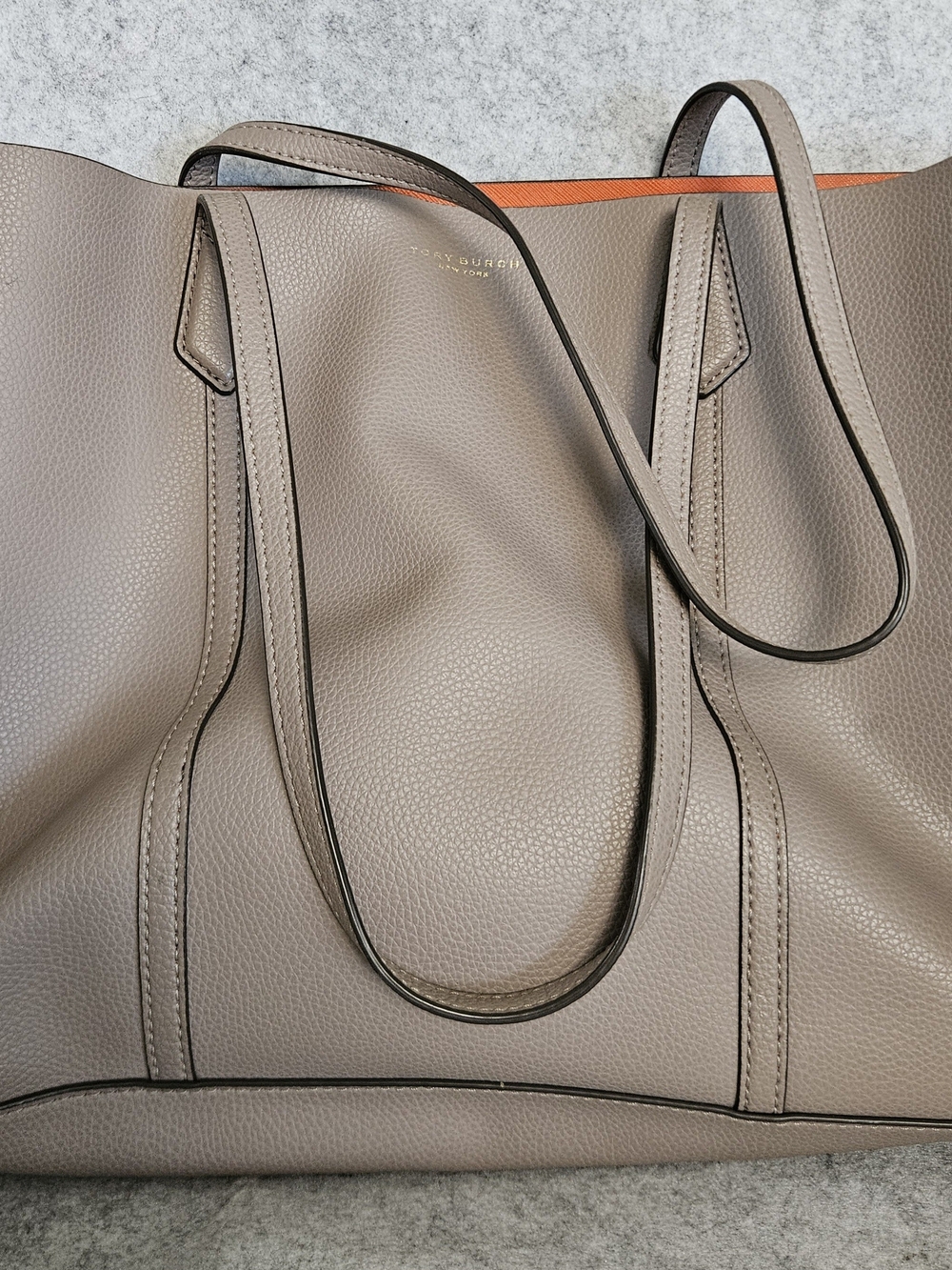 Tory Burch Taupe Pebbled Leather Tote with Orange Interior